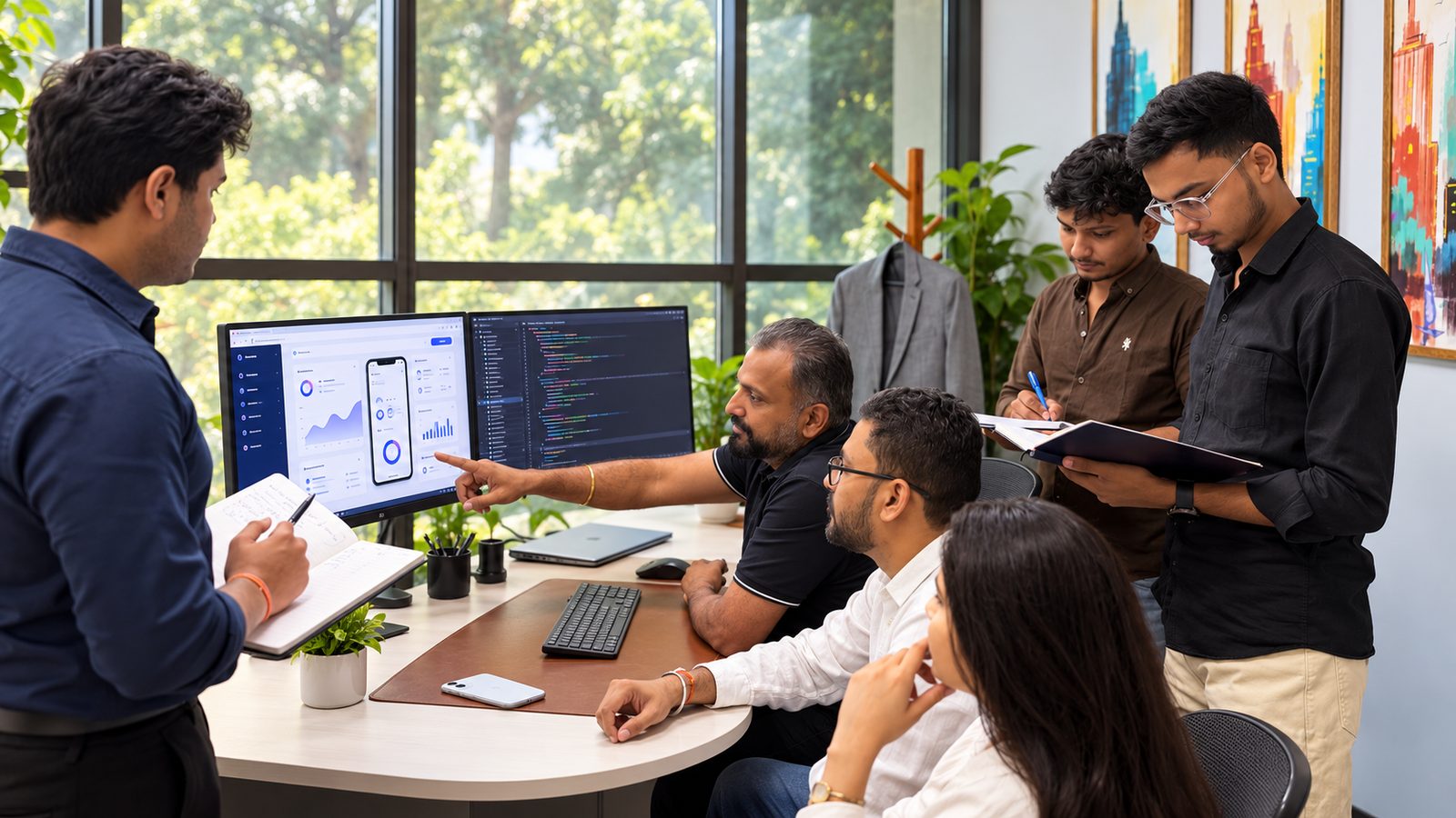 The AgileLancer team reviewing a dashboard and its code together at the office