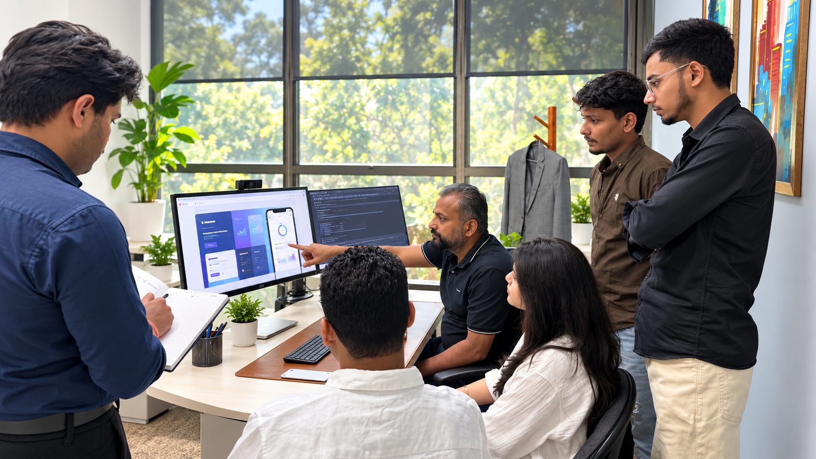 The AgileLancer team gathered around a screen, planning a mobile app release