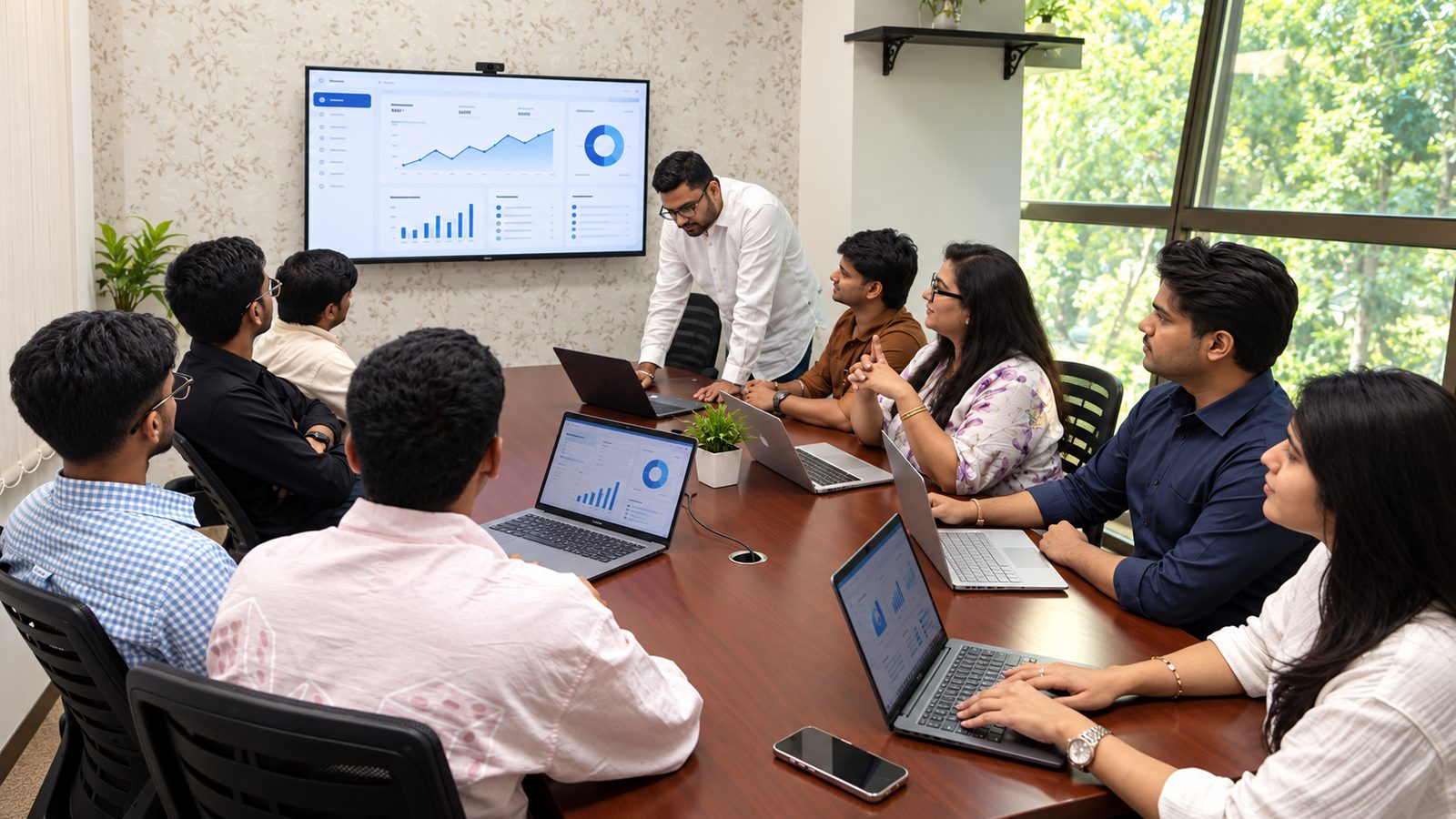 The AgileLancer team in a review meeting, walking through an analytics dashboard