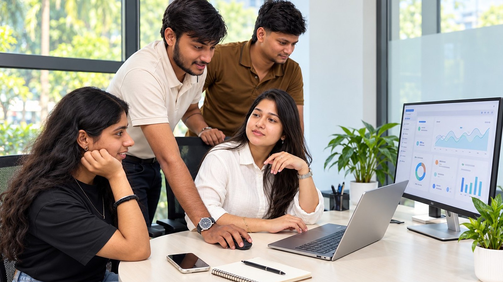 AgileLancer engineers reviewing an analytics dashboard together at the office